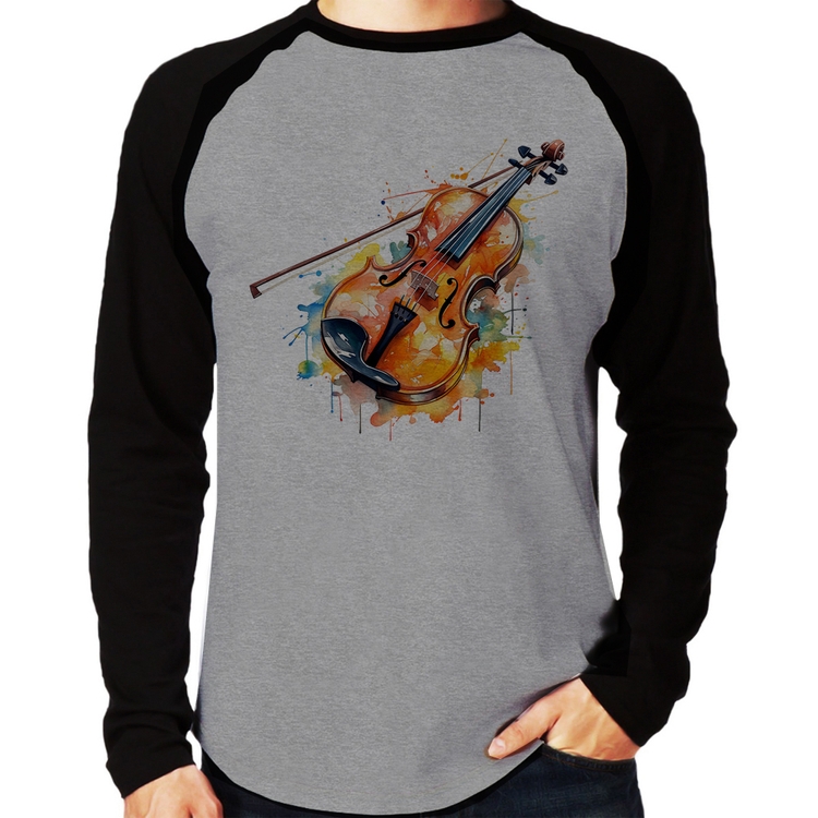Camiseta Raglan Violino Watercolor Manga Longa - Cinza/Preto