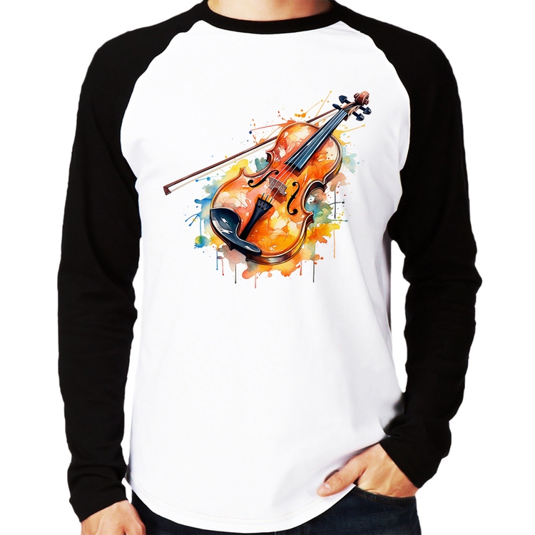 Camiseta Raglan Violino Watercolor Manga Longa