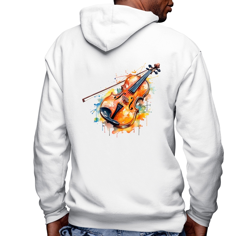 Blusa Moletom Violino Watercolor Masculina com Capuz e Zíper - Branca