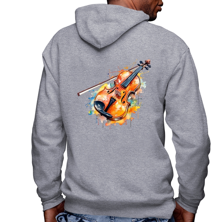 Blusa Moletom Violino Watercolor Masculina com Capuz e Zíper - Mescla