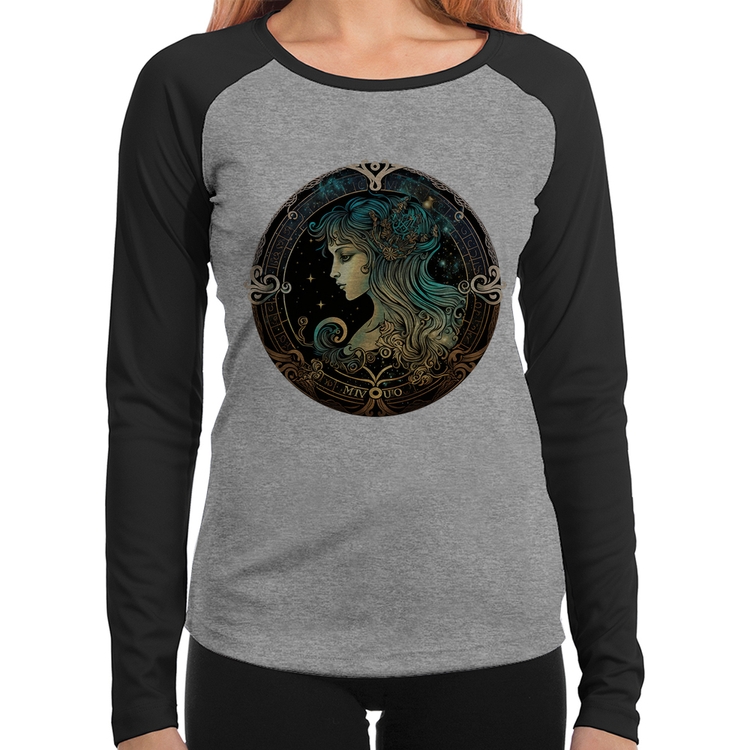 Baby Look Raglan Vírgem Sígno Manga Longa - Cinza/Preto