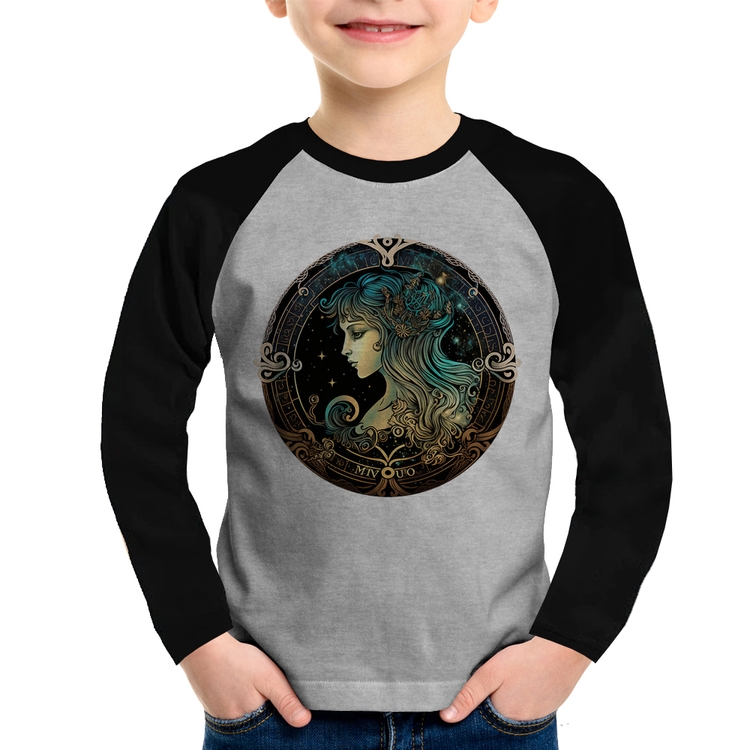 Camiseta Raglan Infantil Vírgem Sígno Manga Longa - Cinza/Preto