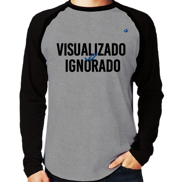 Camiseta Raglan Visualizado e Ignorado Manga Longa - Cinza/Preto
