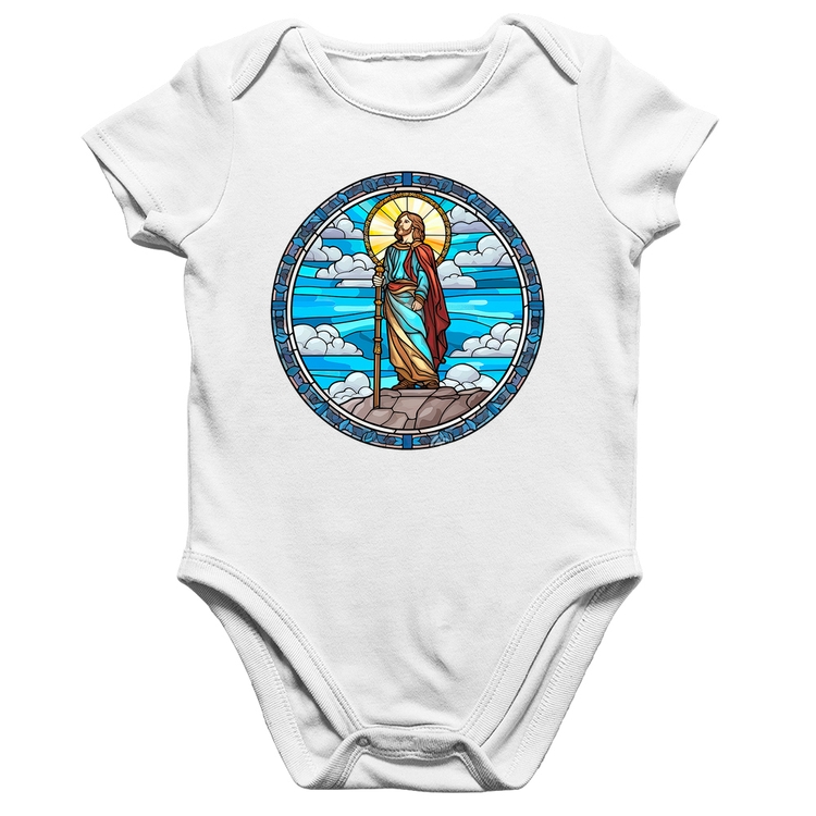 Body Bebê Algodão Vitral Azul Jesus Cristo - Branco