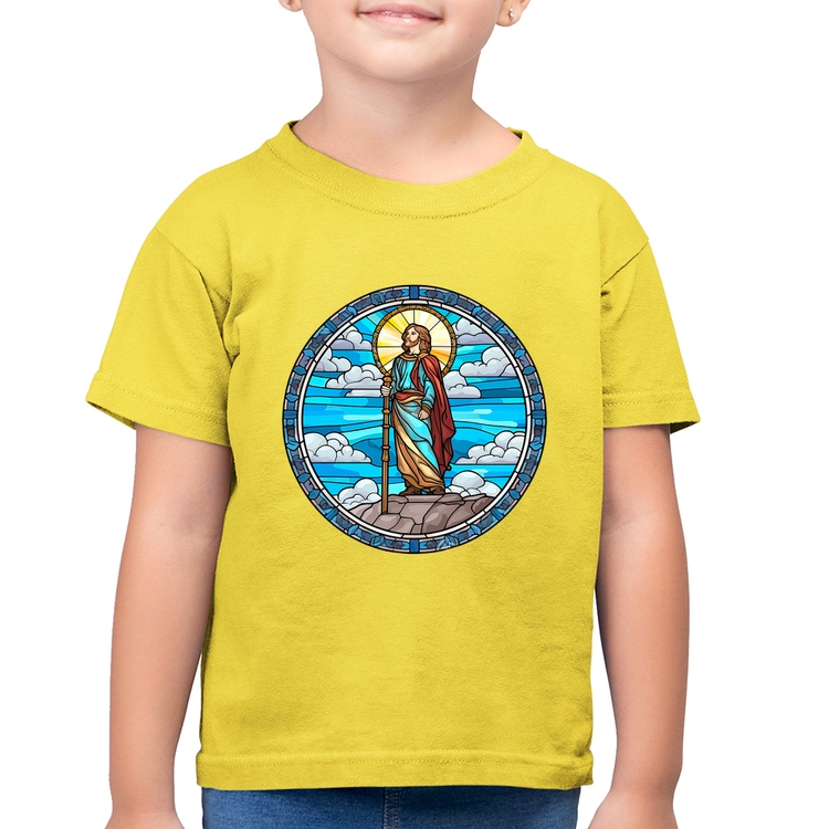 Camiseta Algodão Infantil Vitral Azul Jesus Cristo - Amarelo Canário