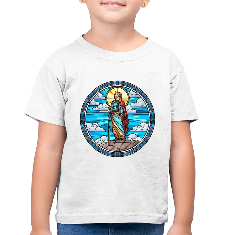 Camiseta Algodão Infantil Vitral Azul Jesus Cristo - Branca