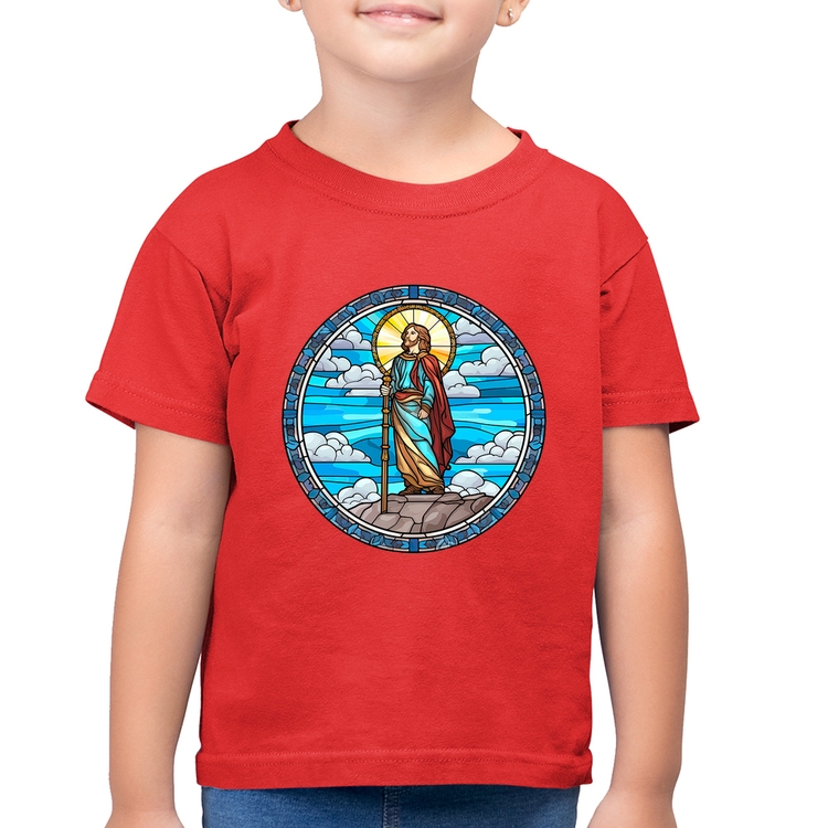 Camiseta Algodão Infantil Vitral Azul Jesus Cristo - Vermelha