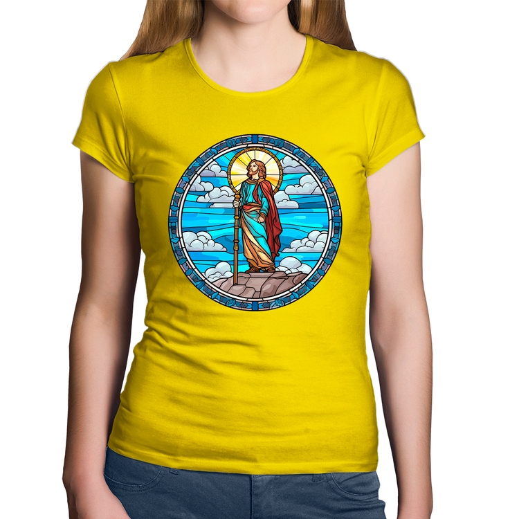 Baby Look Algodão Vitral Azul Jesus Cristo - Amarela