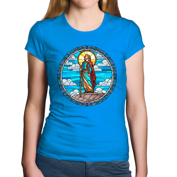 Baby Look Algodão Vitral Azul Jesus Cristo - Azul