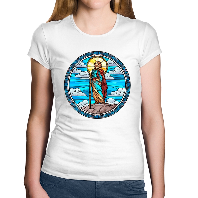 Baby Look Algodão Vitral Azul Jesus Cristo - Branca