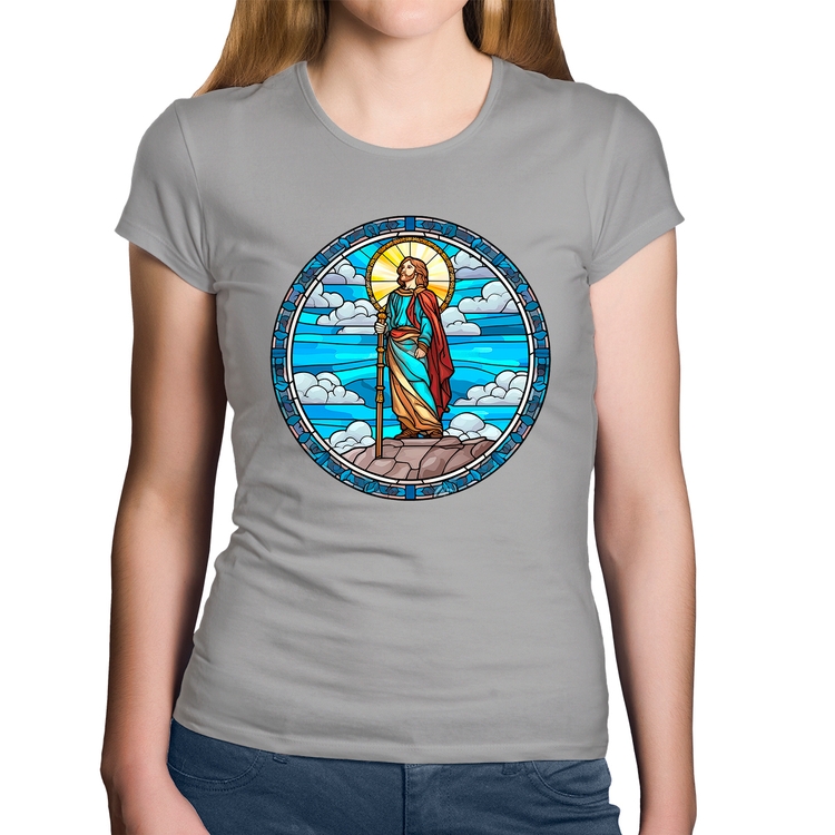 Baby Look Algodão Vitral Azul Jesus Cristo - Cinza