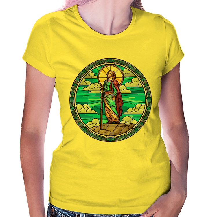 Baby Look Vitral Azul Jesus Cristo - Amarela