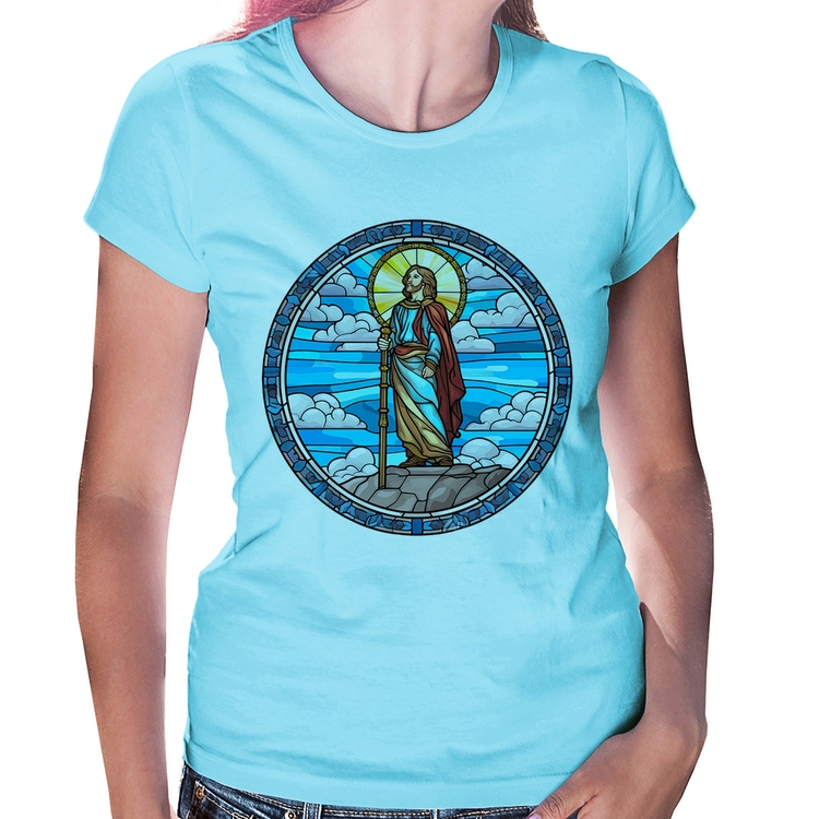 Baby Look Vitral Azul Jesus Cristo - Azul Bebê