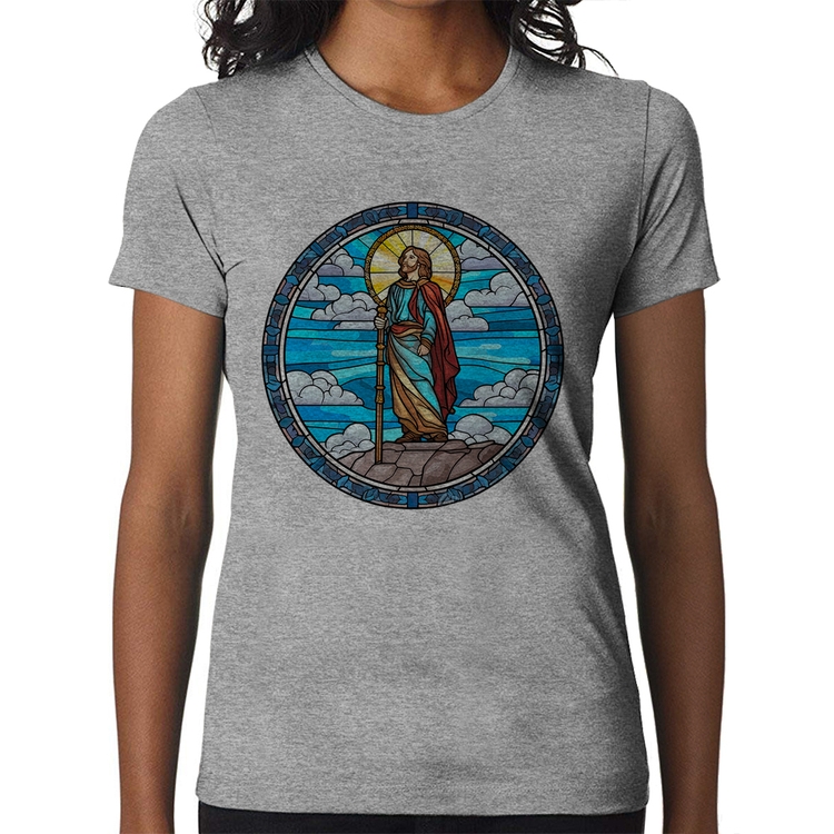 Baby Look Vitral Azul Jesus Cristo - Cinza