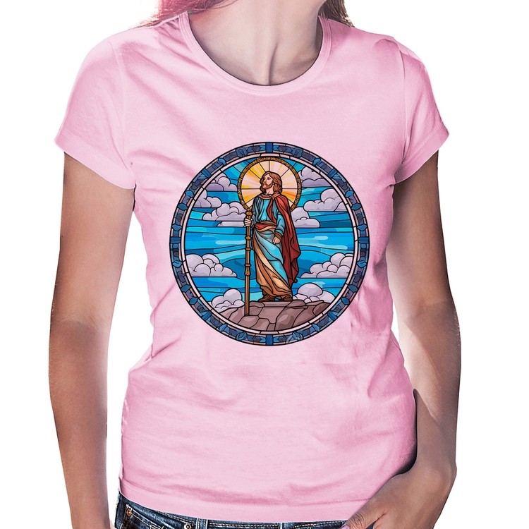 Baby Look Vitral Azul Jesus Cristo - Rosa Bebê