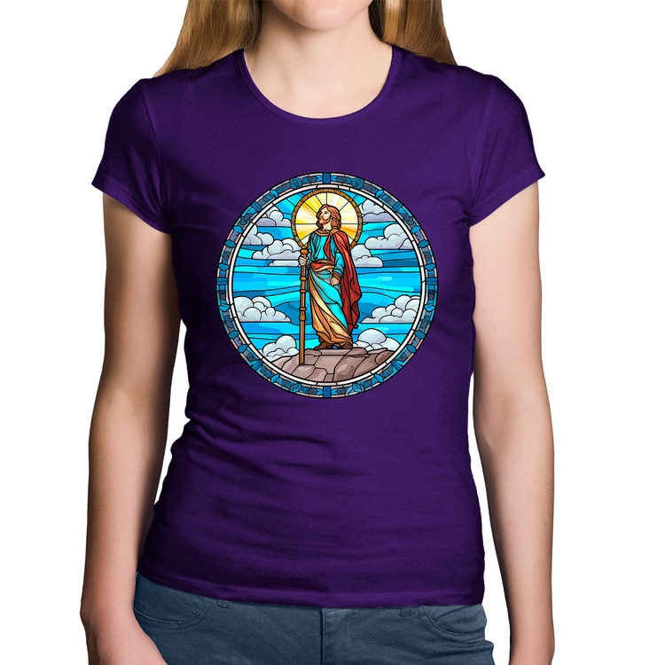 Baby Look Algodão Vitral Azul Jesus Cristo - Roxa