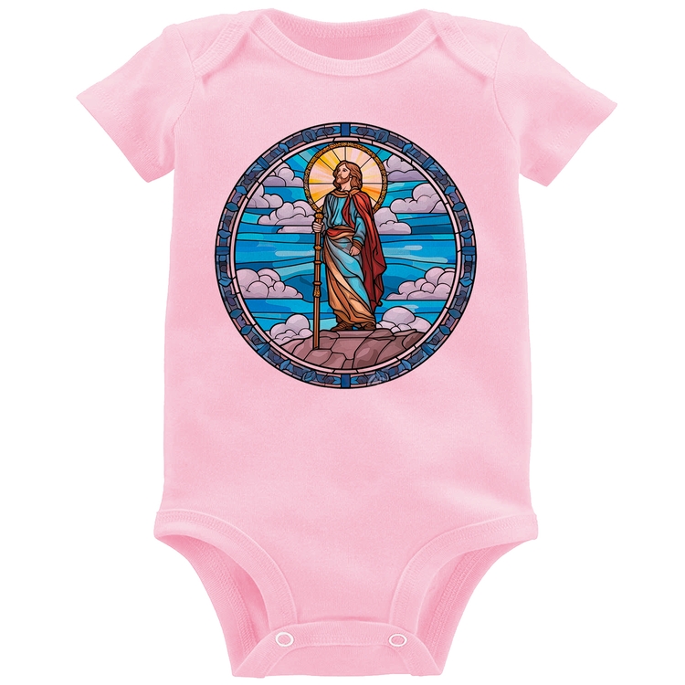 Body Bebê Vitral Azul Jesus Cristo - Rosa Bebê