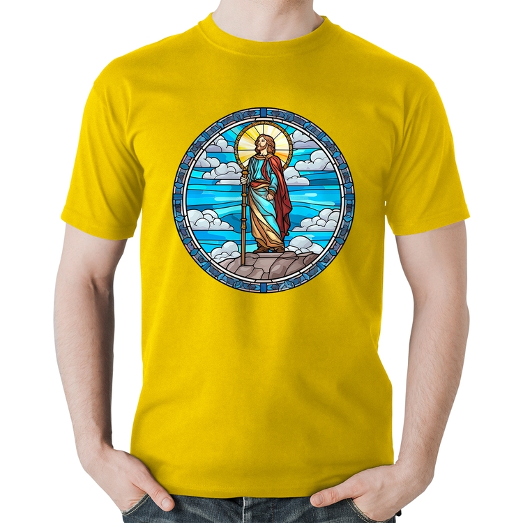 Camiseta Algodão Vitral Azul Jesus Cristo - Amarela