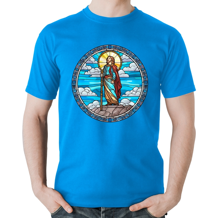 Camiseta Algodão Vitral Azul Jesus Cristo - Azul