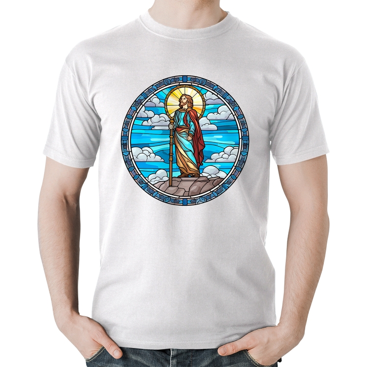 Camiseta Algodão Vitral Azul Jesus Cristo - Branca
