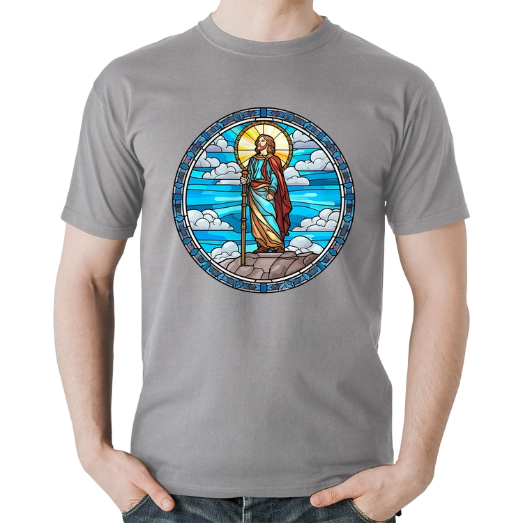 Camiseta Algodão Vitral Azul Jesus Cristo - Cinza