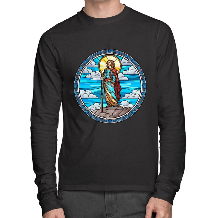 Camiseta Algodão Vitral Azul Jesus Cristo Manga Longa