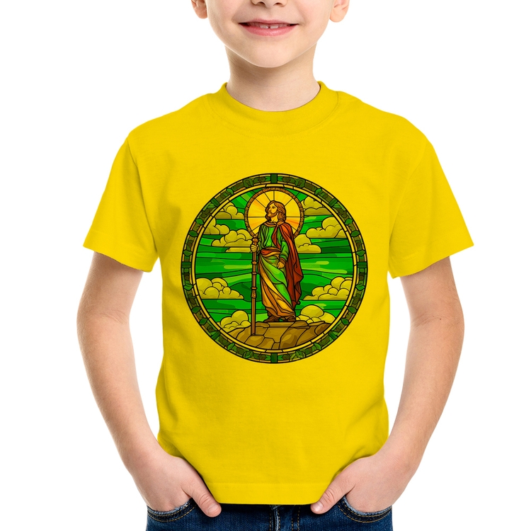 Camiseta Infantil Vitral Azul Jesus Cristo - Amarela