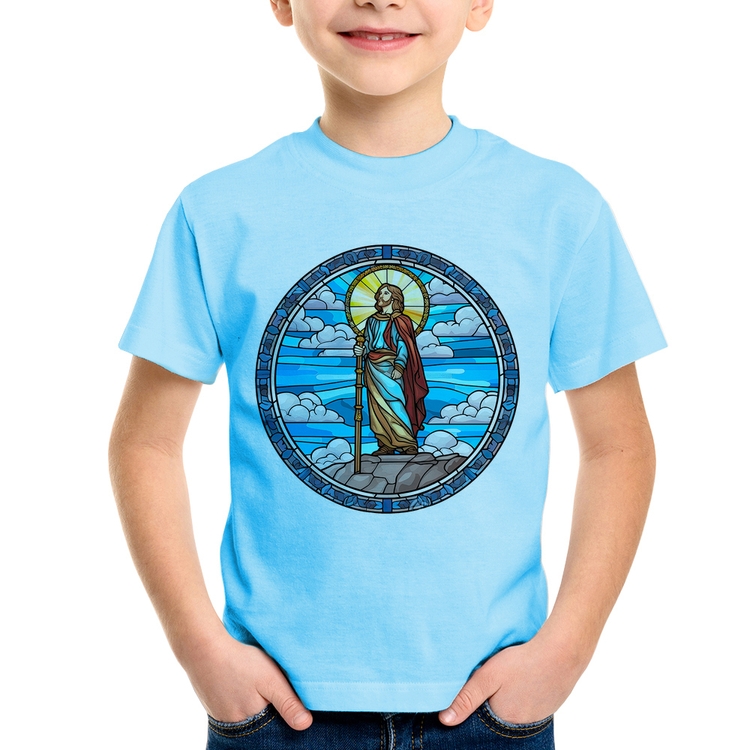 Camiseta Infantil Vitral Azul Jesus Cristo - Azul Bebê