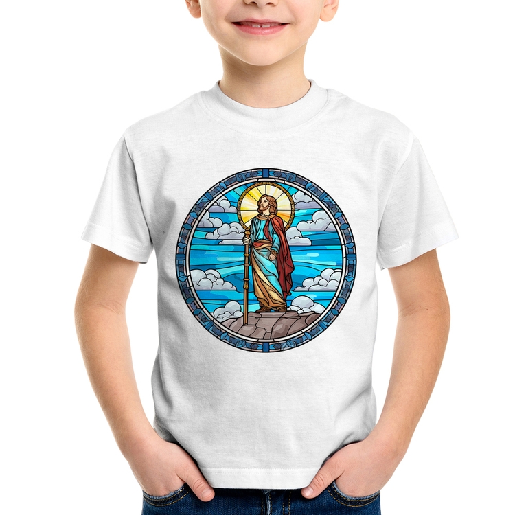 Camiseta Infantil Vitral Azul Jesus Cristo