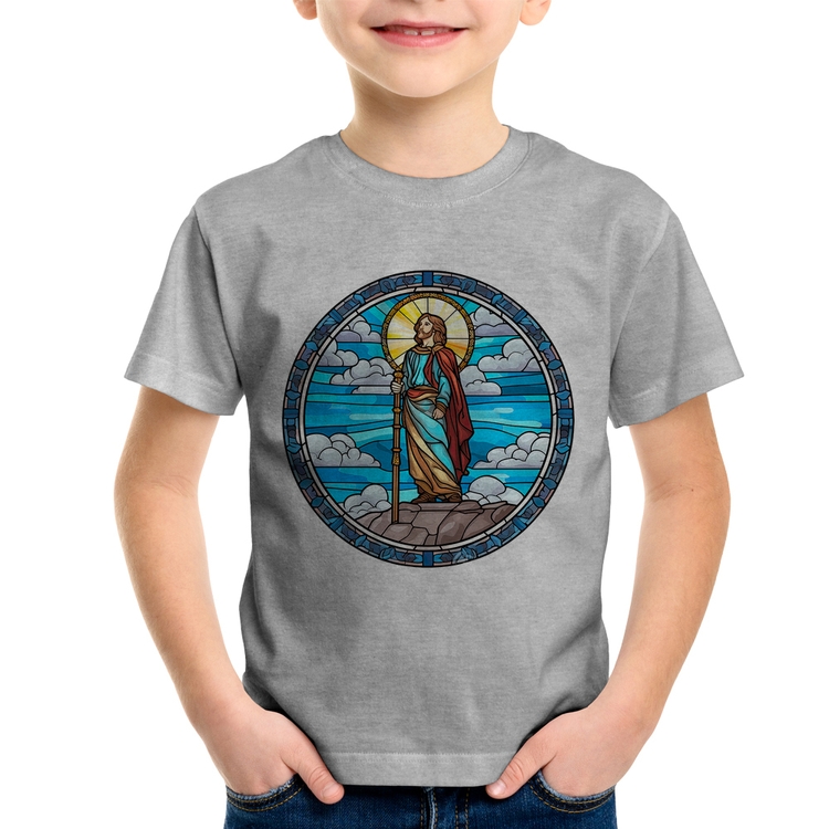 Camiseta Infantil Vitral Azul Jesus Cristo - Cinza