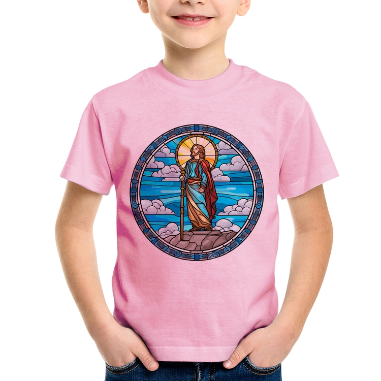Camiseta Infantil Vitral Azul Jesus Cristo - Rosa Bebê