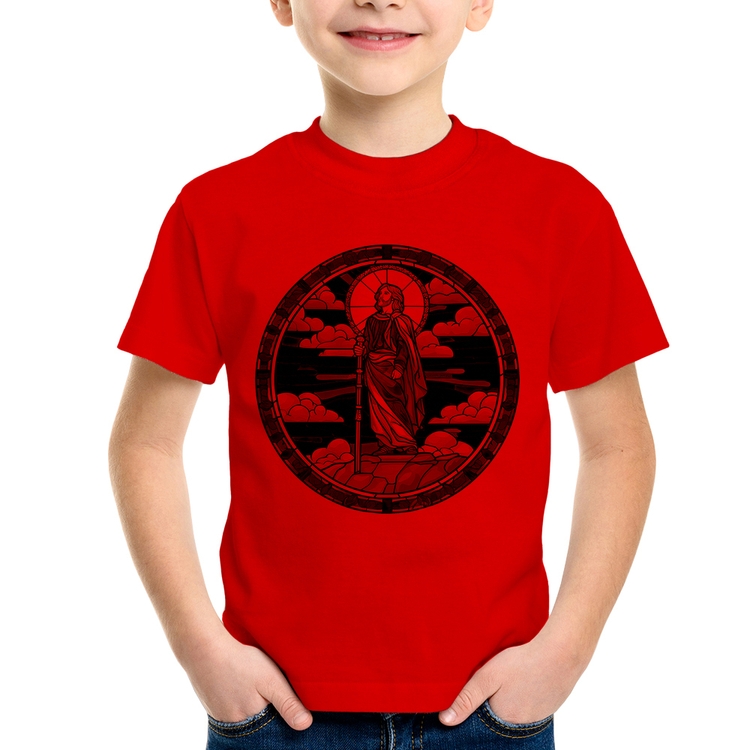 Camiseta Infantil Vitral Azul Jesus Cristo - Vermelha