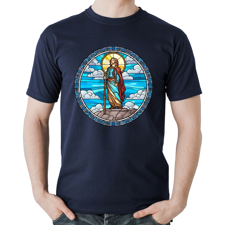 Camiseta Algodão Vitral Azul Jesus Cristo - Marinho