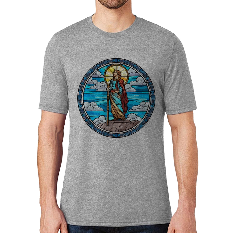 Camiseta Vitral Azul Jesus Cristo - Cinza