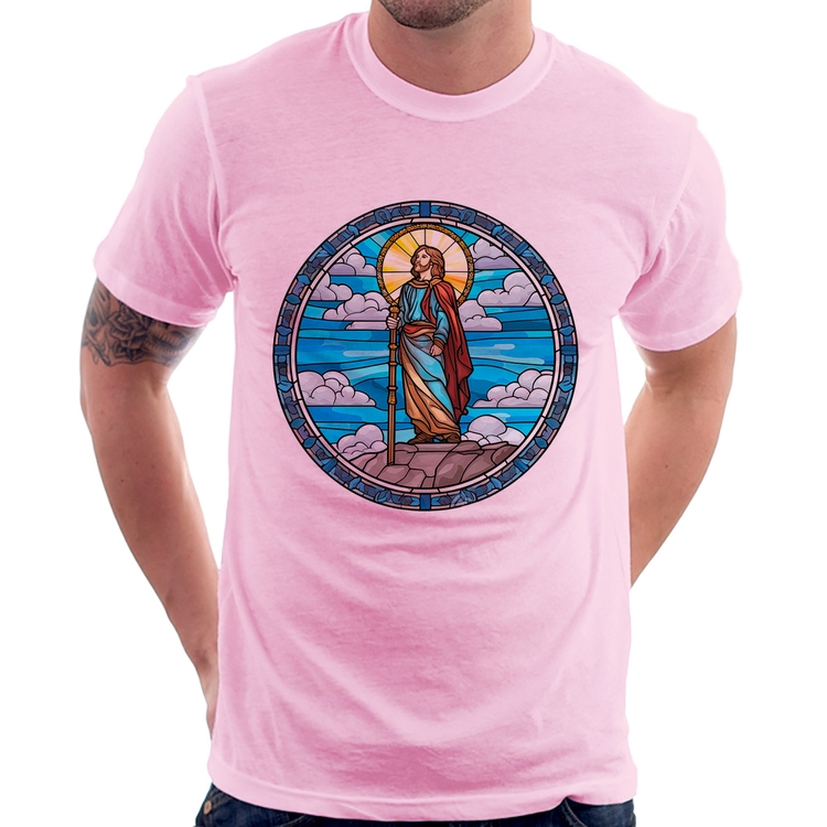 Camiseta Vitral Azul Jesus Cristo - Rosa Bebê
