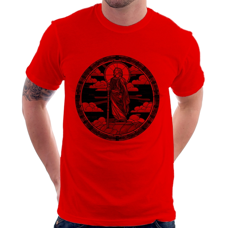 Camiseta Vitral Azul Jesus Cristo - Vermelha
