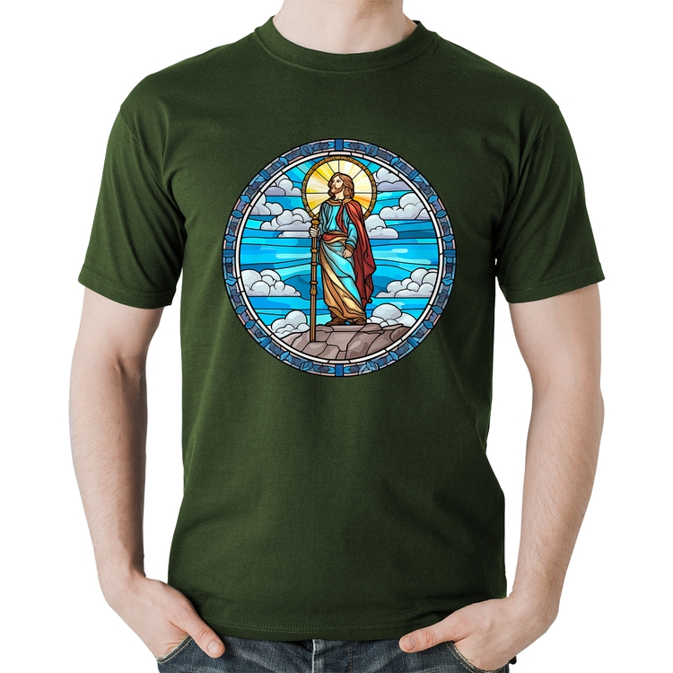 Camiseta Algodão Vitral Azul Jesus Cristo - Musgo