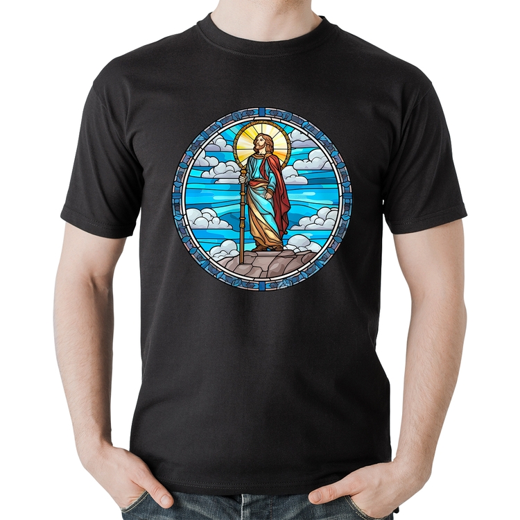 Camiseta Algodão Vitral Azul Jesus Cristo