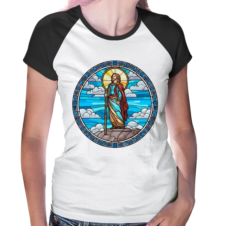Baby Look Raglan Vitral Azul Jesus Cristo