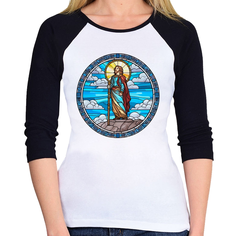 Baby Look Raglan Vitral Azul Jesus Cristo Manga 3/4