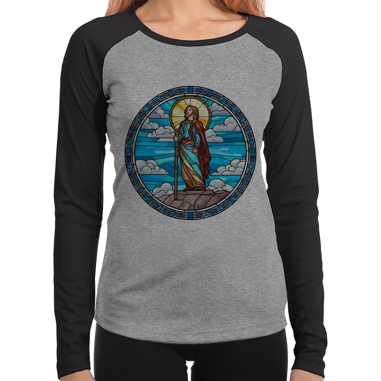 Baby Look Raglan Vitral Azul Jesus Cristo Manga Longa - Cinza/Preto