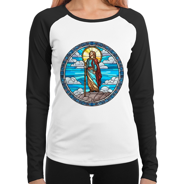 Baby Look Raglan Vitral Azul Jesus Cristo Manga Longa