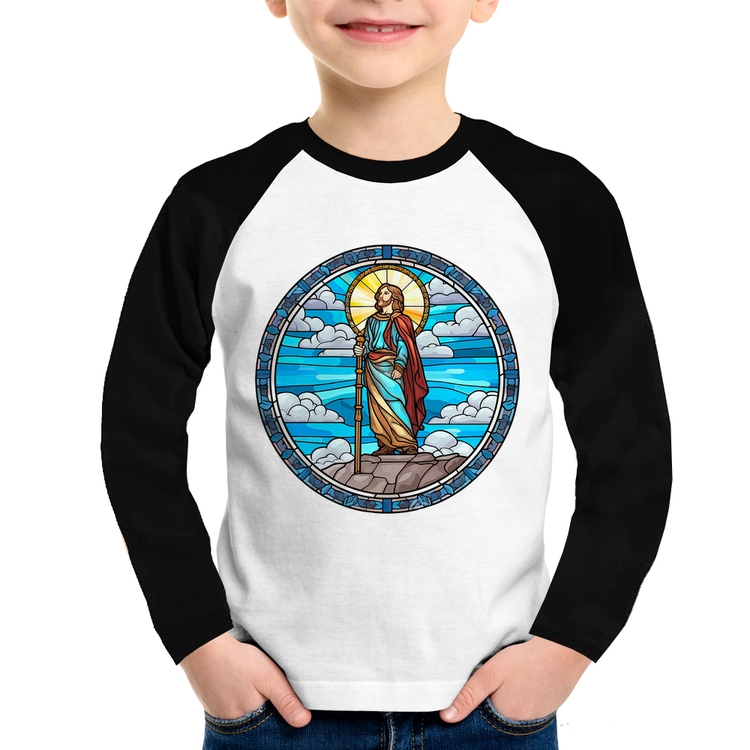 Camiseta Raglan Infantil Vitral Azul Jesus Cristo Manga Longa