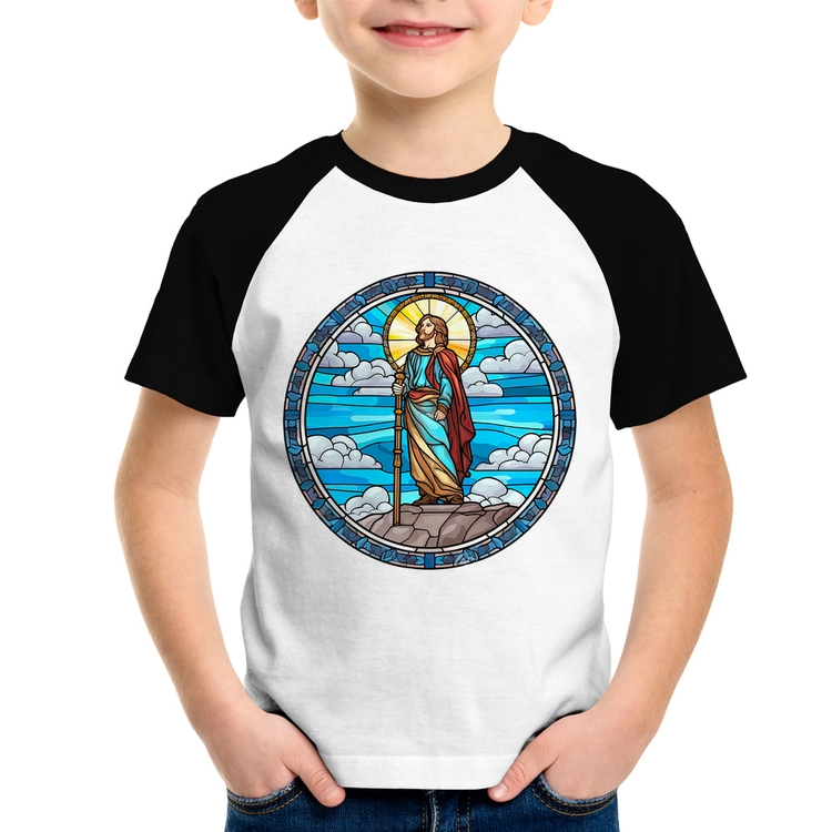 Camiseta Raglan Infantil Vitral Azul Jesus Cristo