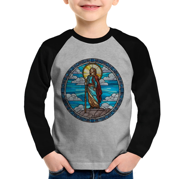 Camiseta Raglan Infantil Vitral Azul Jesus Cristo Manga Longa - Cinza/Preto