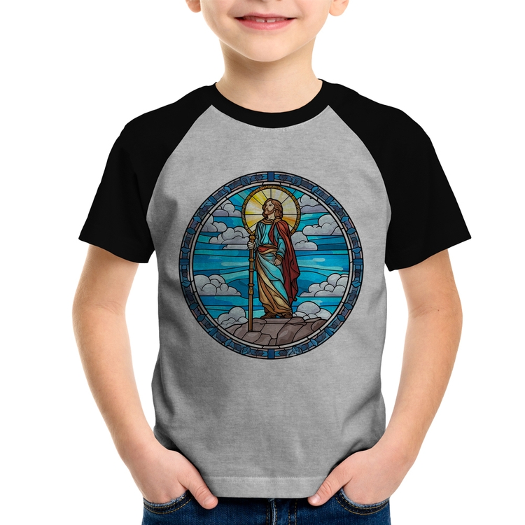 Camiseta Raglan Infantil Vitral Azul Jesus Cristo - Cinza/Preto