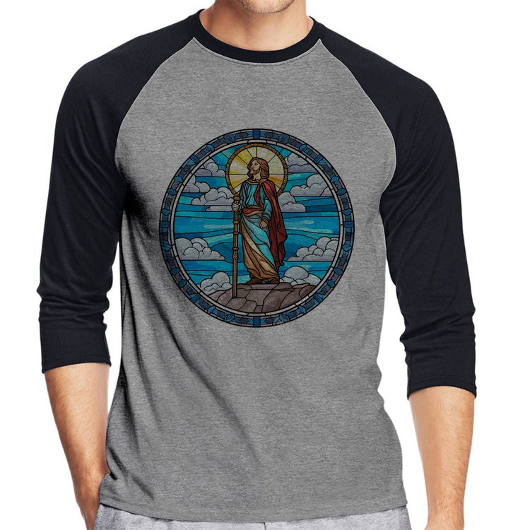 Camiseta Raglan Vitral Azul Jesus Cristo Manga 3/4 - Cinza/Preto