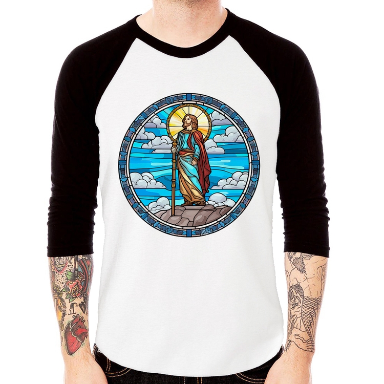 Camiseta Raglan Vitral Azul Jesus Cristo Manga 3/4