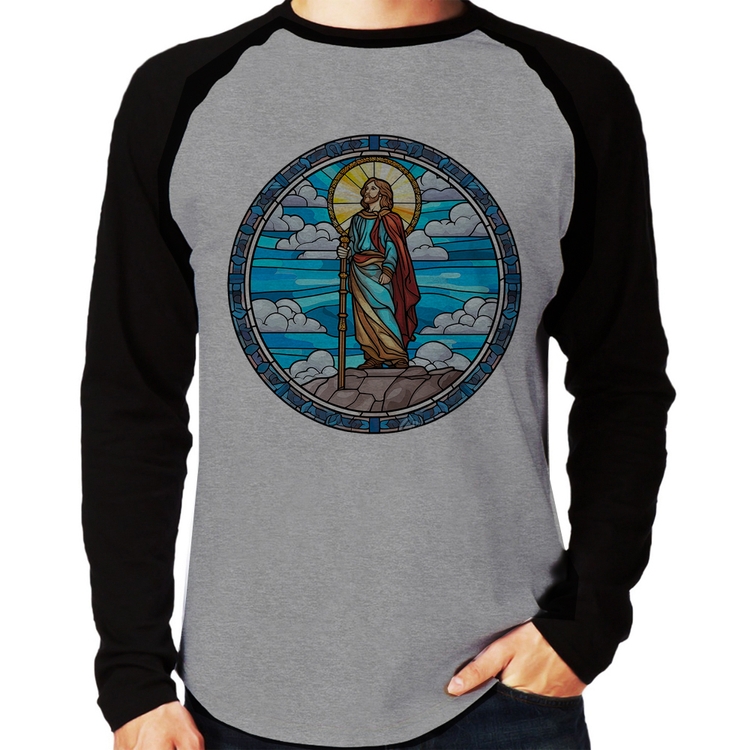 Camiseta Raglan Vitral Azul Jesus Cristo Manga Longa - Cinza/Preto