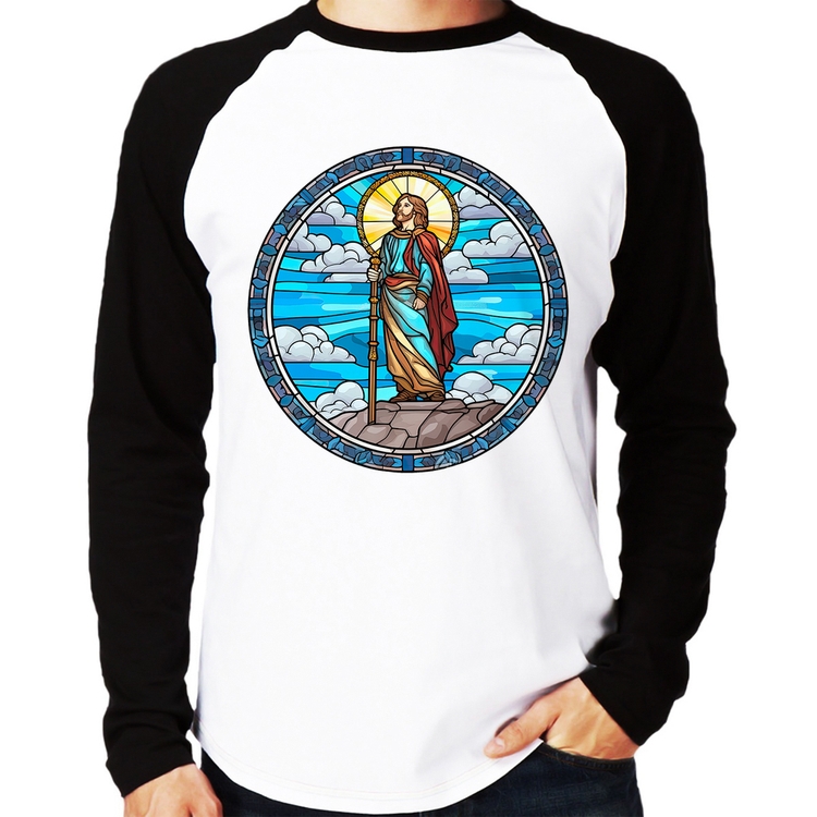 Camiseta Raglan Vitral Azul Jesus Cristo Manga Longa